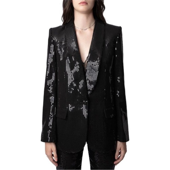 NWT Zadig & Voltaire Black Vive Sequin Blazer 42 / XL - Picture 3 of 11